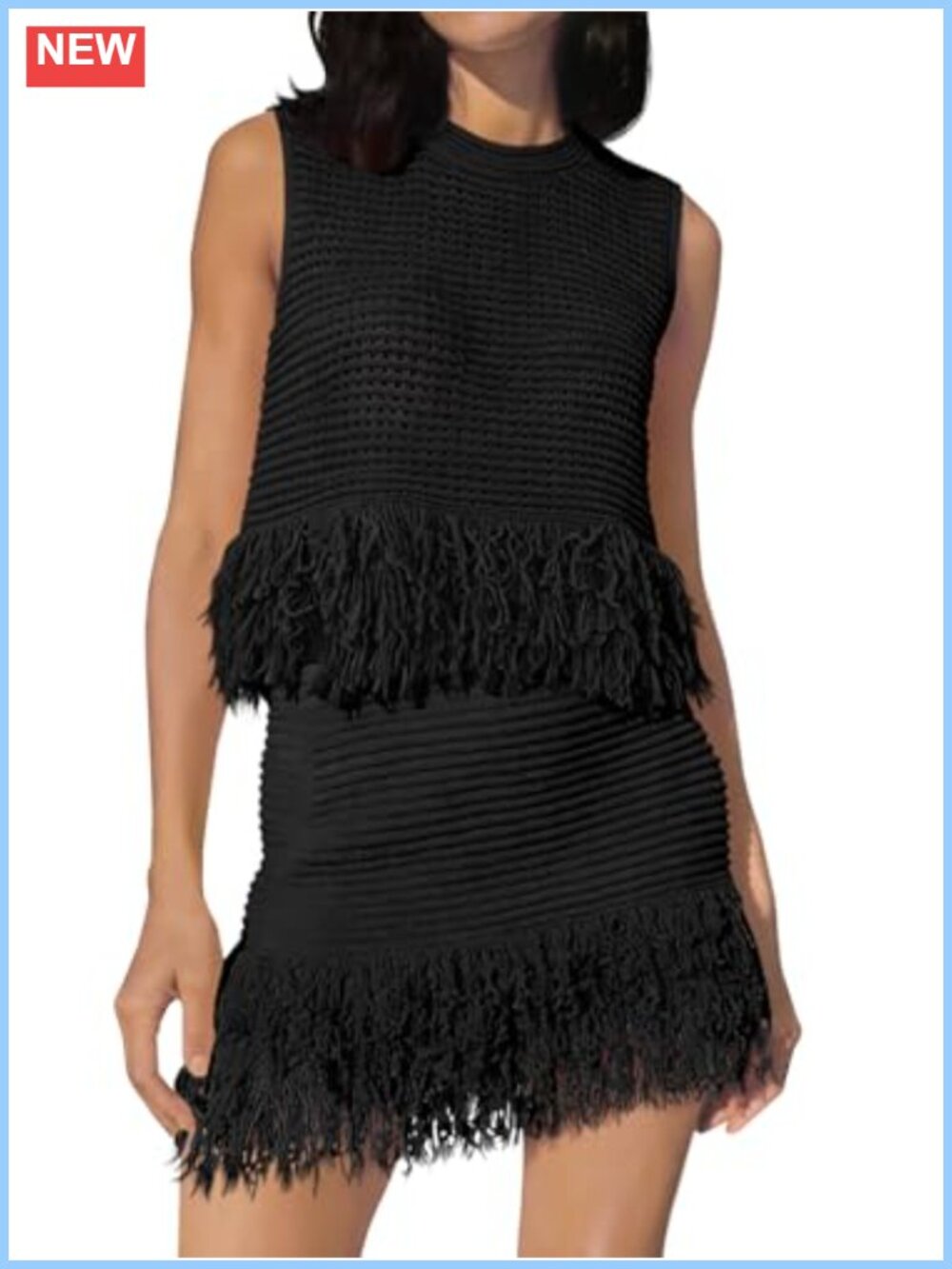Crochet 2 Piece Knit Top & Fringe Mini Skirt Set Beach Coverup